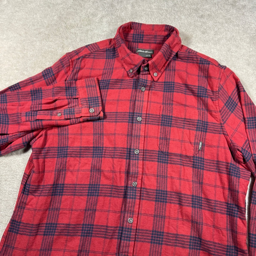 Eddie Bauer Button Down Mens XL Red Plaid Flannel Stretch Long Sleeve Shirt